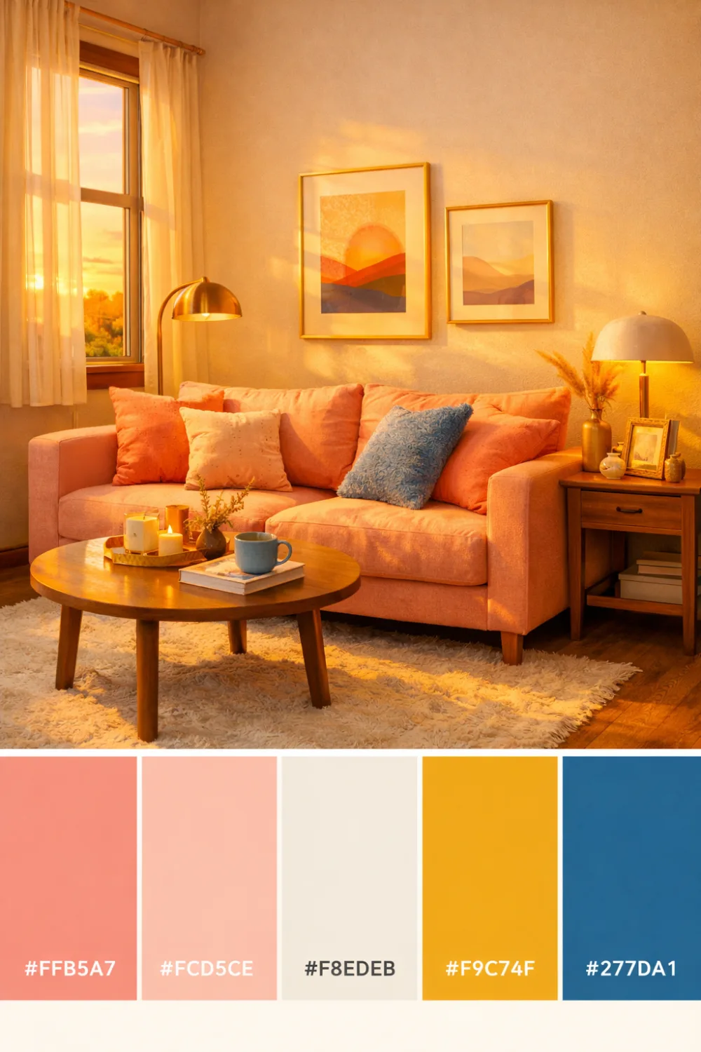 ocean sunset color palette coral peach living room warm coastal interior decor inspiration