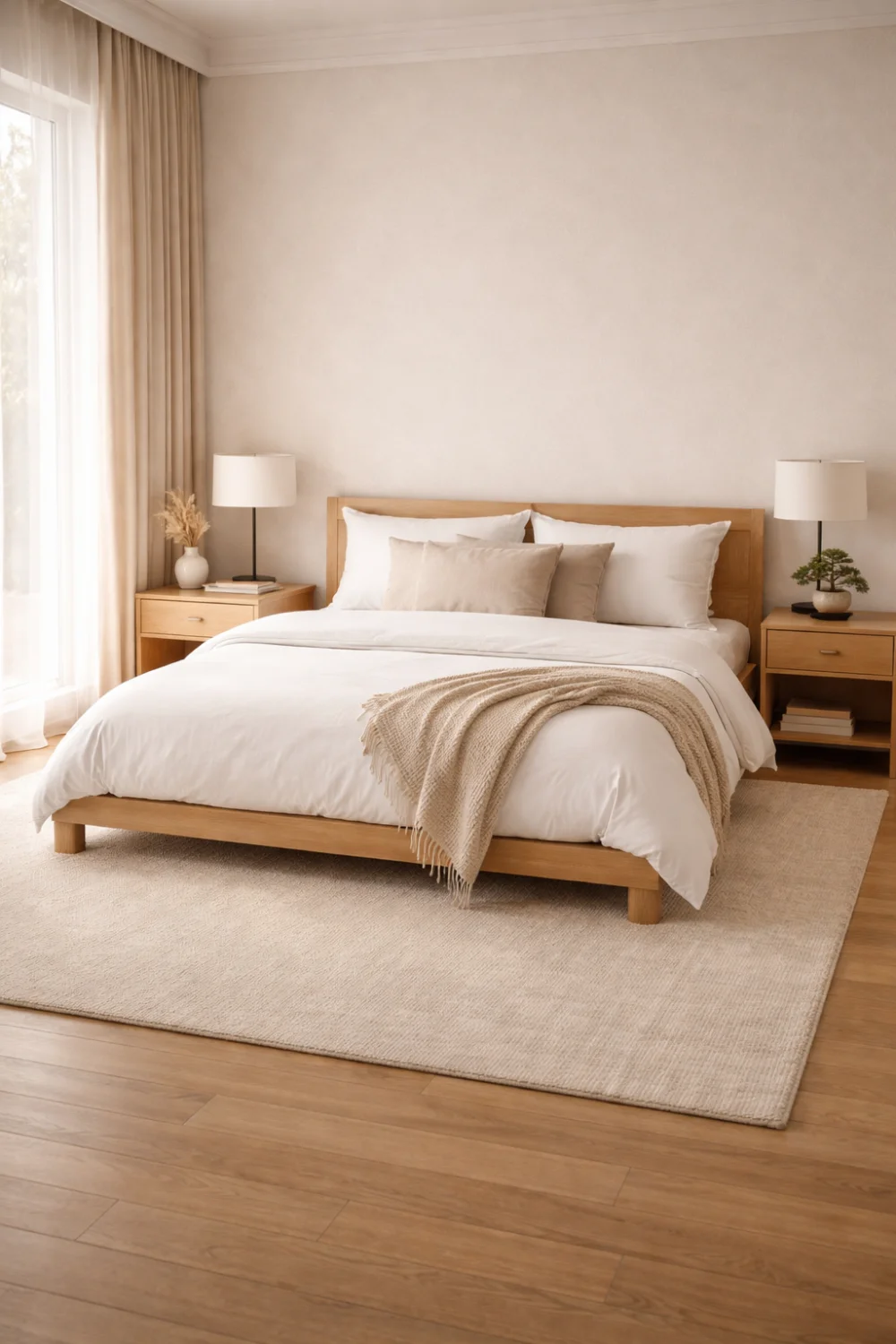 scandinavian hotel style bedroom with wooden bed neutral bedding cozy minimalist bedroom inspiration