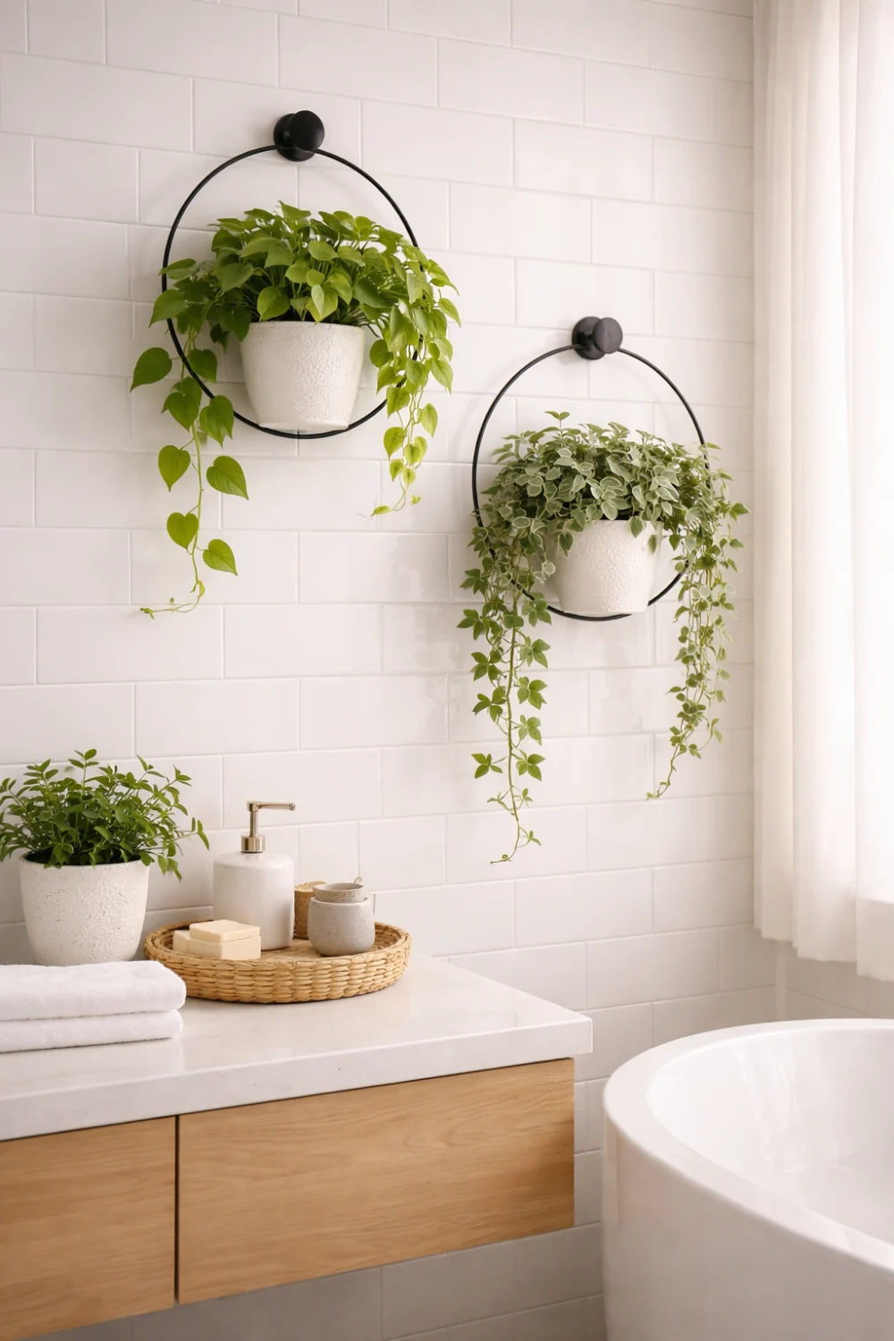 wall mounted hanging plants bathroom wall decor with white tile wall modern spa bathroom greenery styling