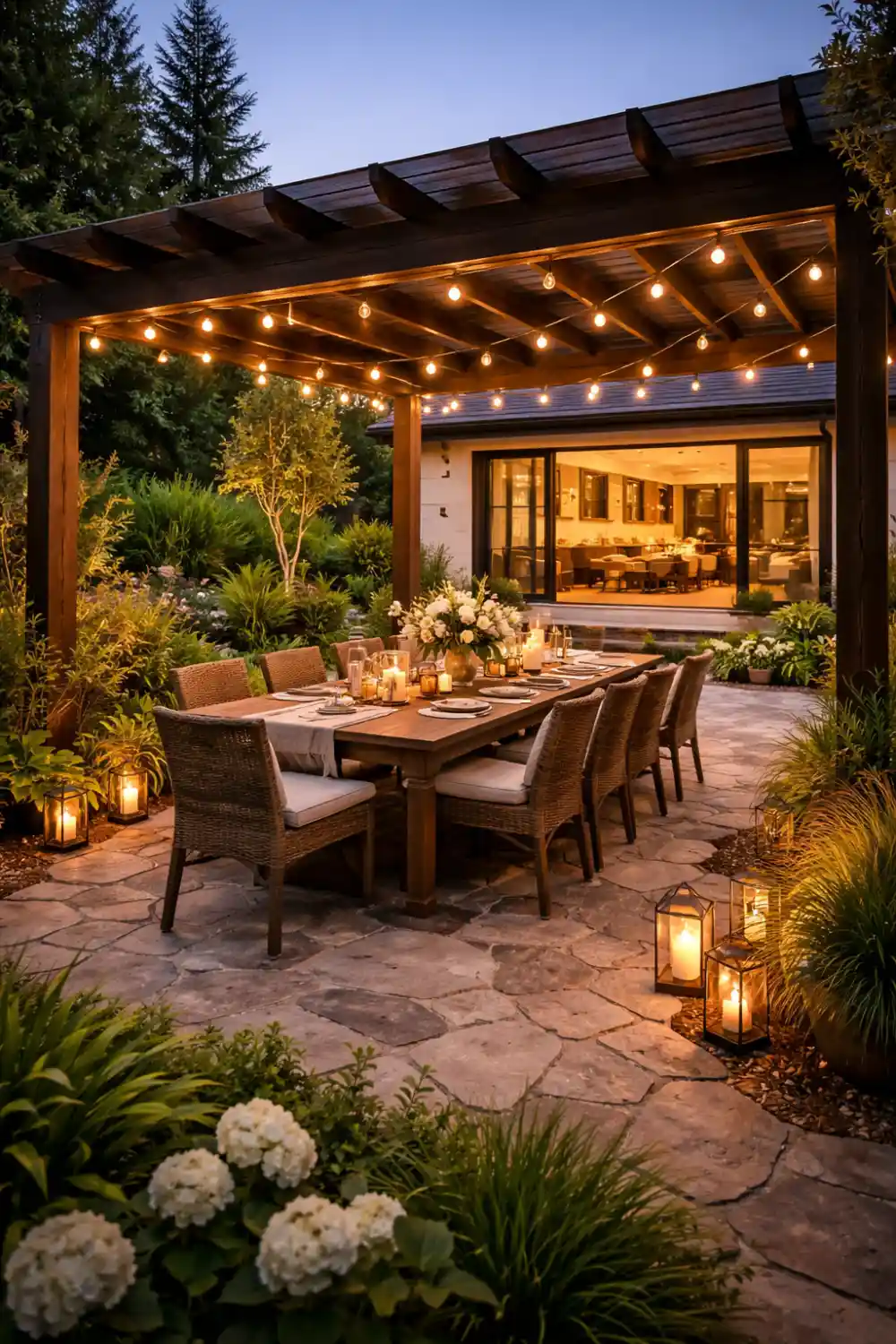 outdoor garden dining area with wooden table, pergola string lights and cozy backyard dinner setup