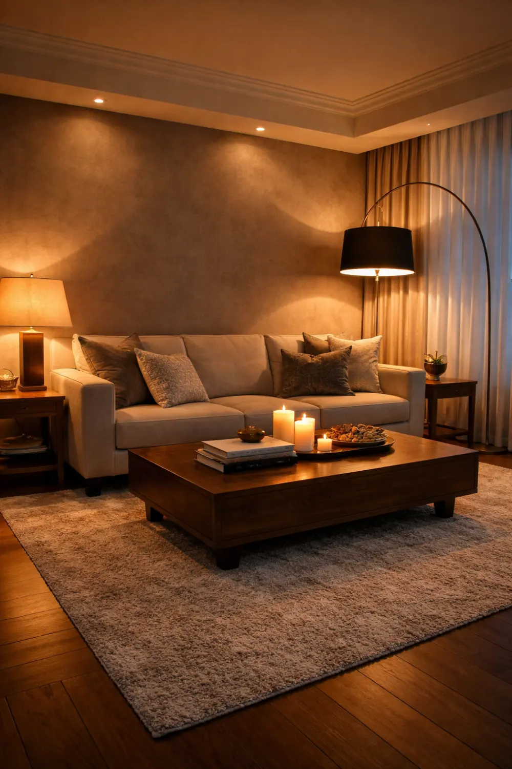 layered living room lighting idea with floor lamp table lamp and cozy warm lighting