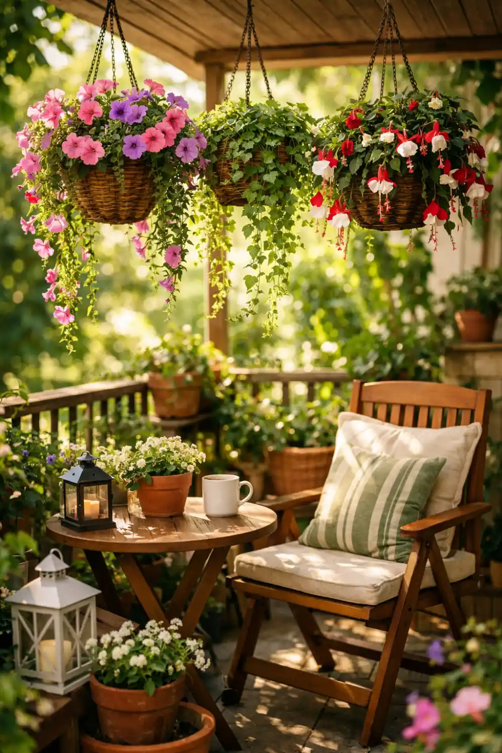 Hanging basket container garden on a cozy balcony with colorful flowers and trailing plants creating a lush vertical balcony garden look.