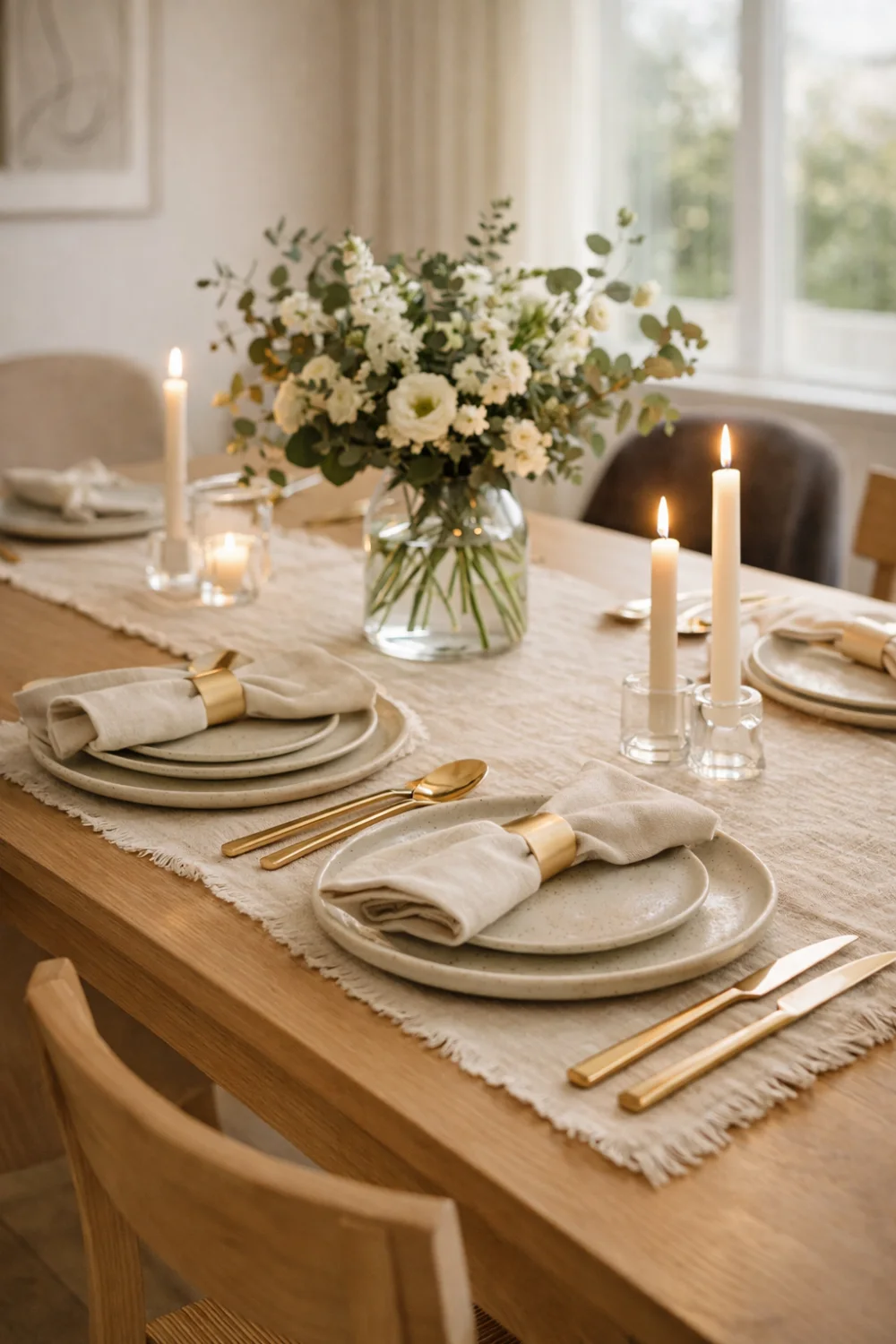 Elegant dining table styling with linen table runner, ceramic plates, gold cutlery, candles, and fresh floral centerpiece creating a cozy and sophisticated dining setup.