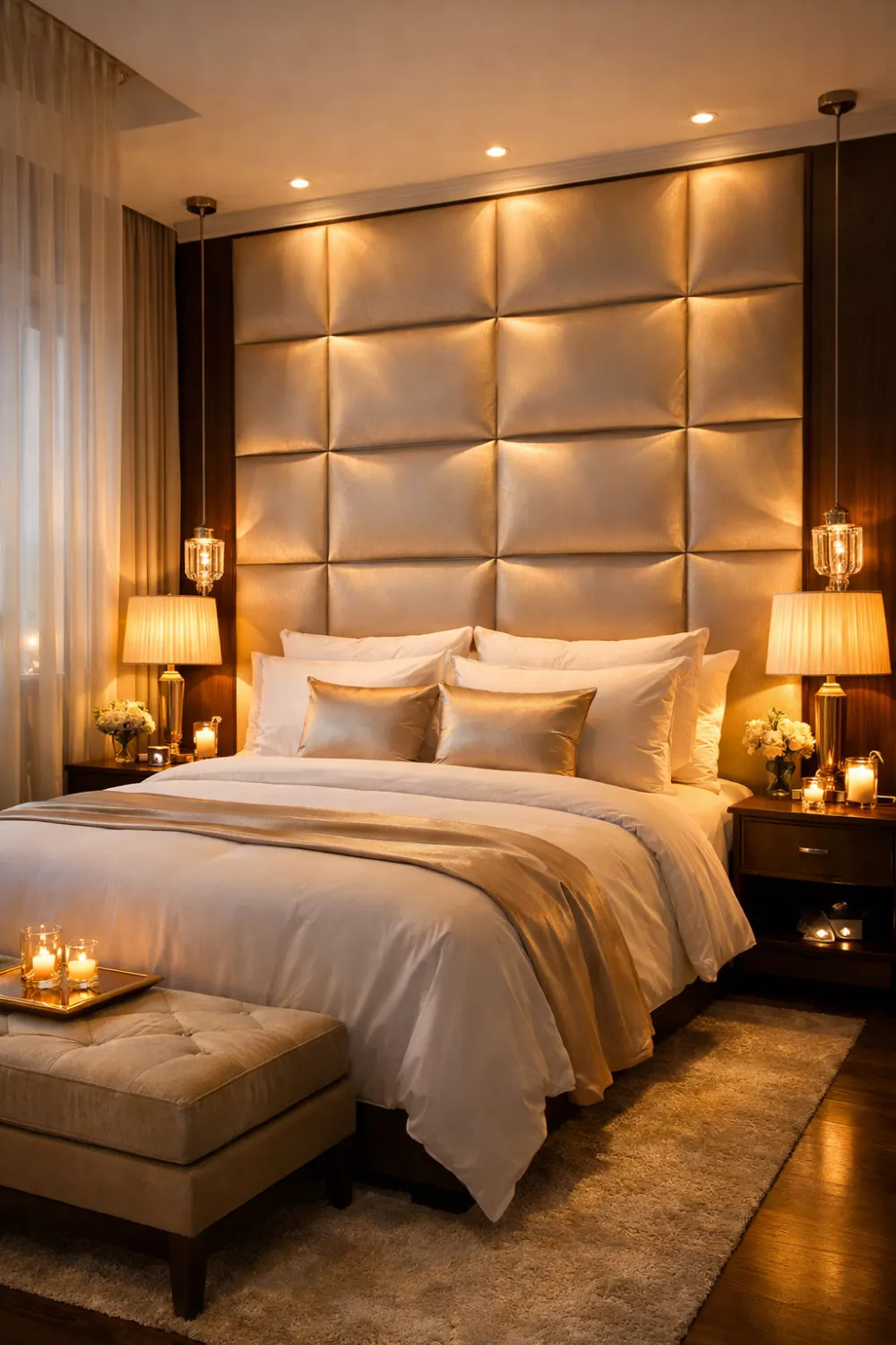 Luxury gold accent romantic bedroom idea for couples with elegant headboard wall