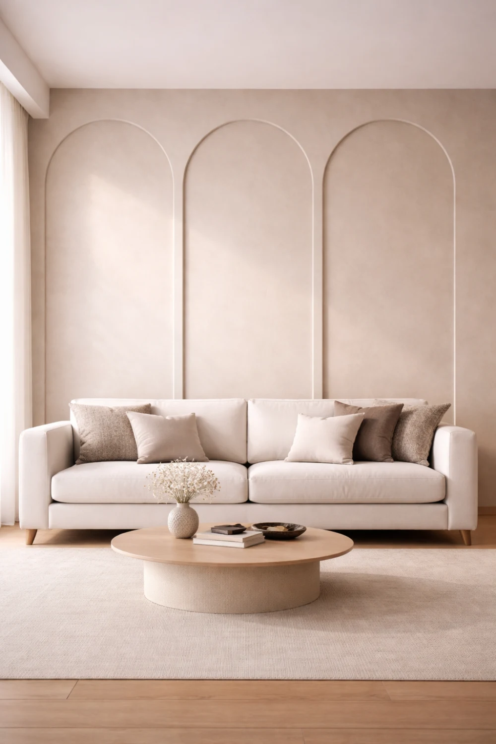 Modern living room with decorative arch wall panels behind a neutral sofa, soft beige tones and minimalist contemporary interior styling.
