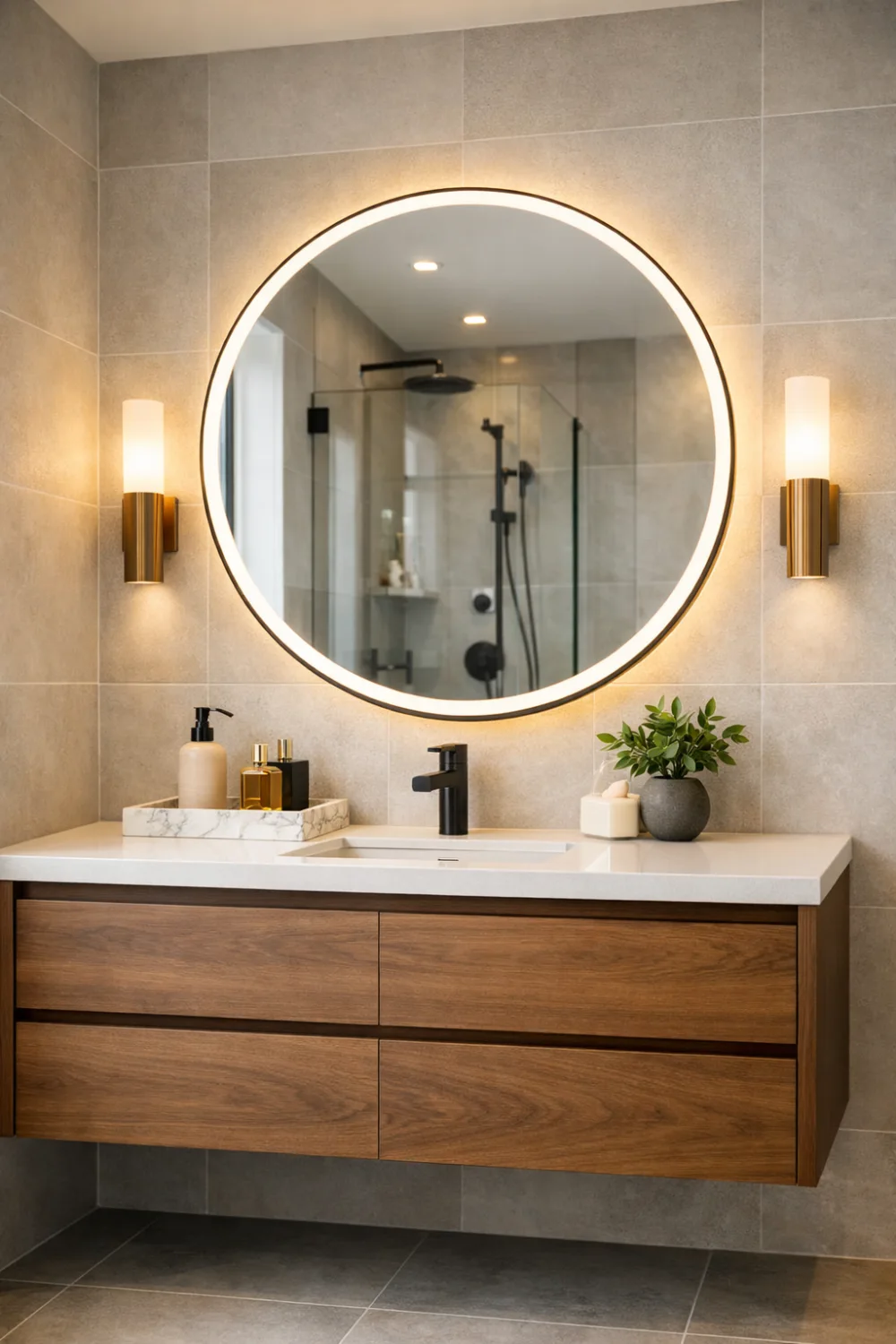 Modern round LED mirror above floating vanity in stylish contemporary bathroom decor