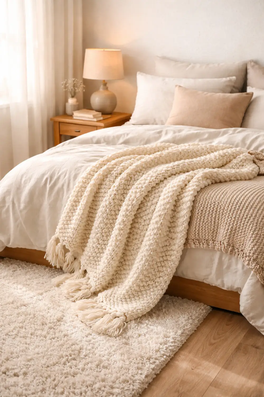 Chunky knit throw blanket draped over neutral bedding with a soft rug and wooden furniture creating a cozy warm aesthetic room decor look.
