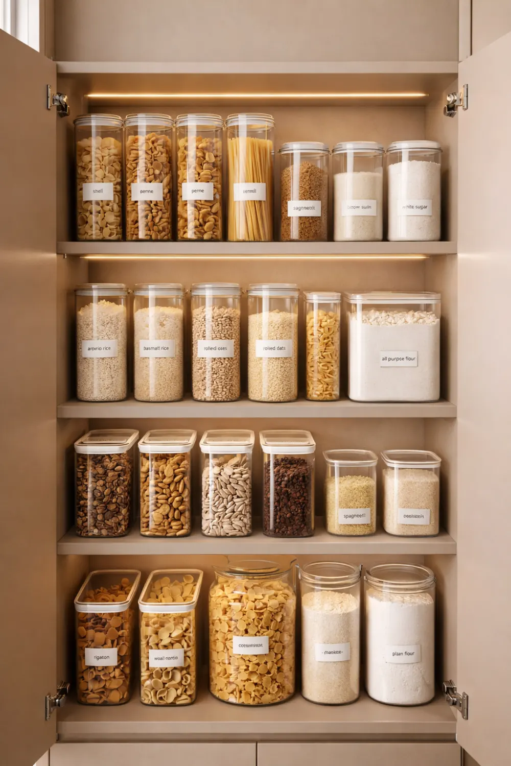 Minimalist pantry cabinet with clear storage containers filled with rice, pasta, grains, and dry foods neatly organized on shelves.