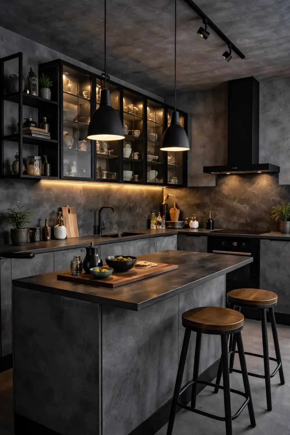 Industrial style modern kitchen with concrete island, black cabinets, glass display shelves and pendant lighting