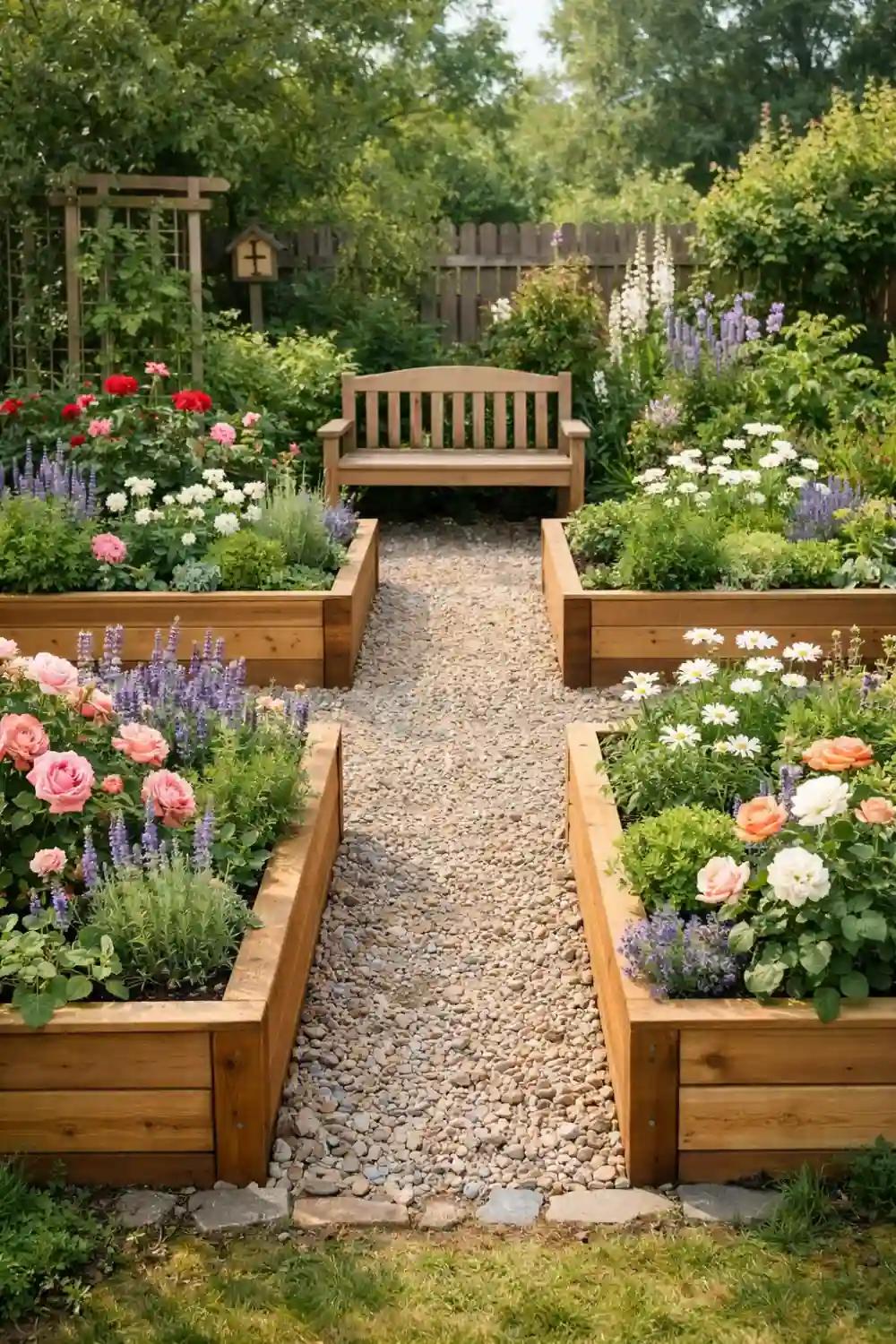 raised bed cottage garden with gravel path wooden beds roses lavender and garden bench