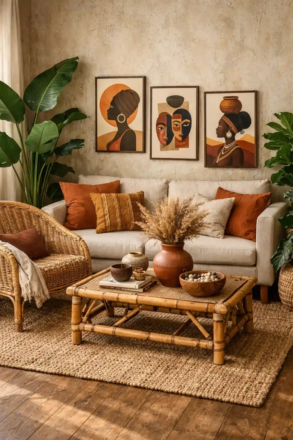Afrohemian living room with African portrait prints, rattan chair, bamboo coffee table and indoor plants
