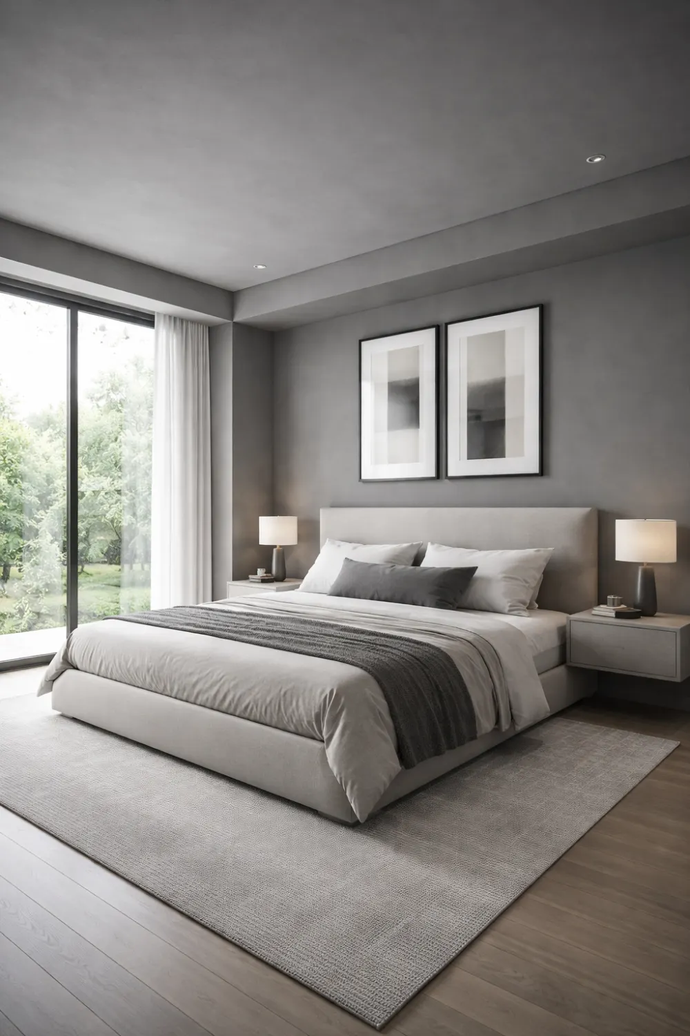 charcoal gray color drenched bedroom modern minimal interior with natural light