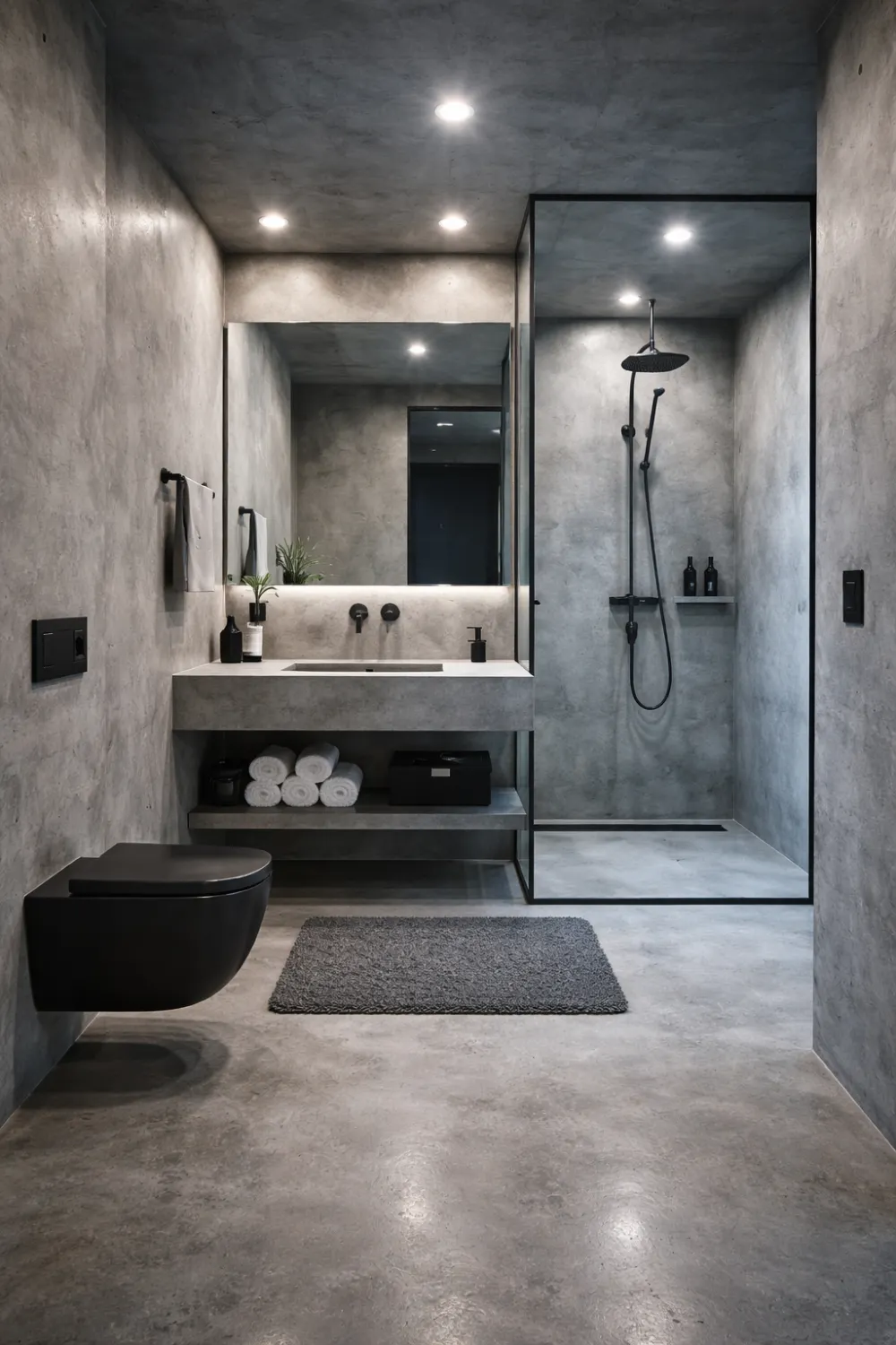 concrete small bathroom minimalist design floating vanity glass shower modern