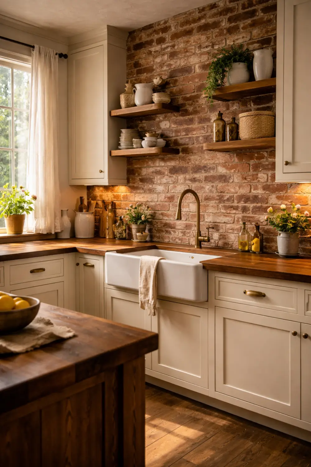 farmhouse kitchen brick backsplash open shelves wood countertop cozy rustic design
