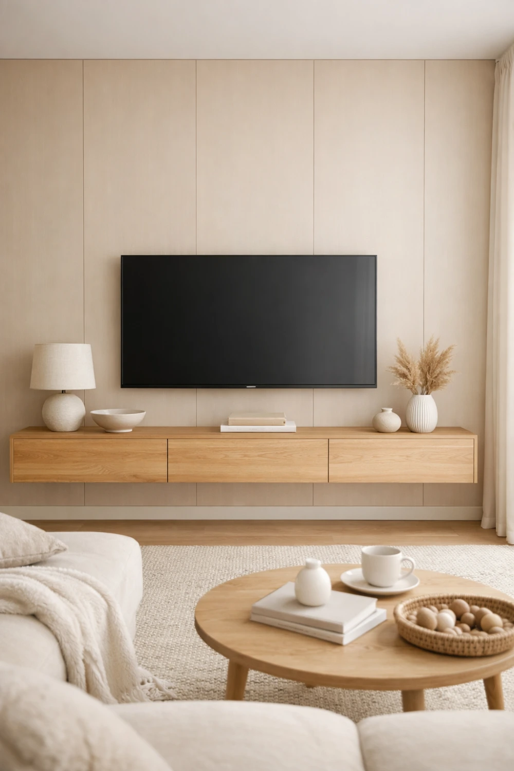 Minimal neutral panel TV wall with floating wood console and soft beige tones creating a calm modern living room decor