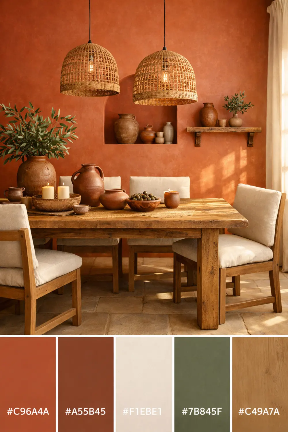terracotta dining room color palette with olive green cream and warm earthy tones interior design