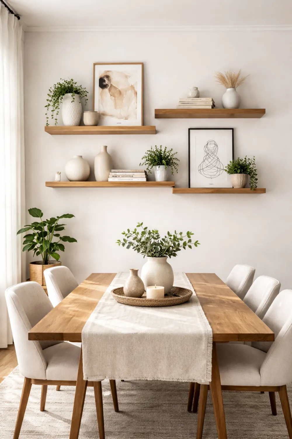 floating shelves dining room wall decor modern shelves styling plants ceramics minimalist dining space