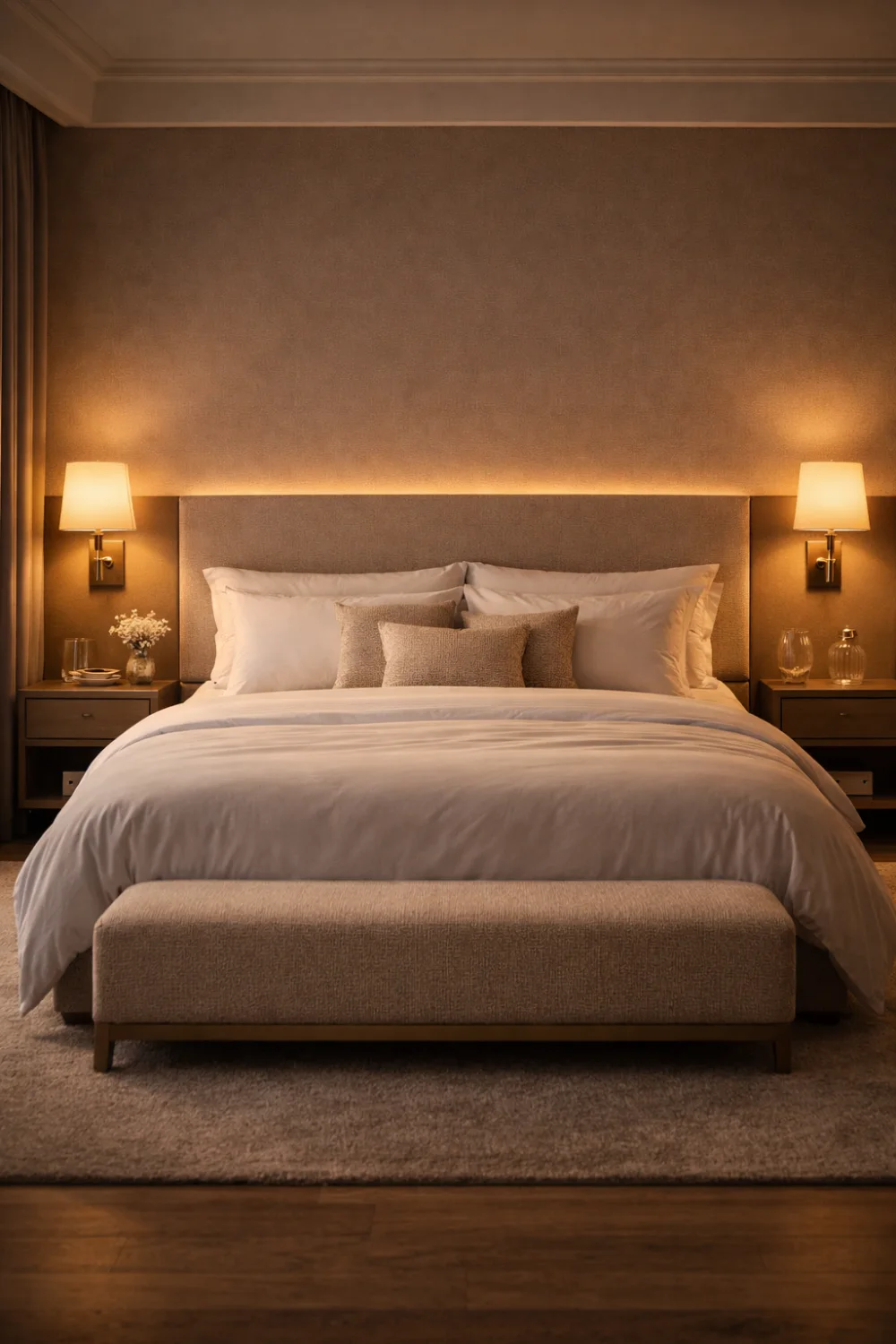 hotel style bedroom with warm ambient lighting neutral bedding cozy luxury bedroom decor inspiration