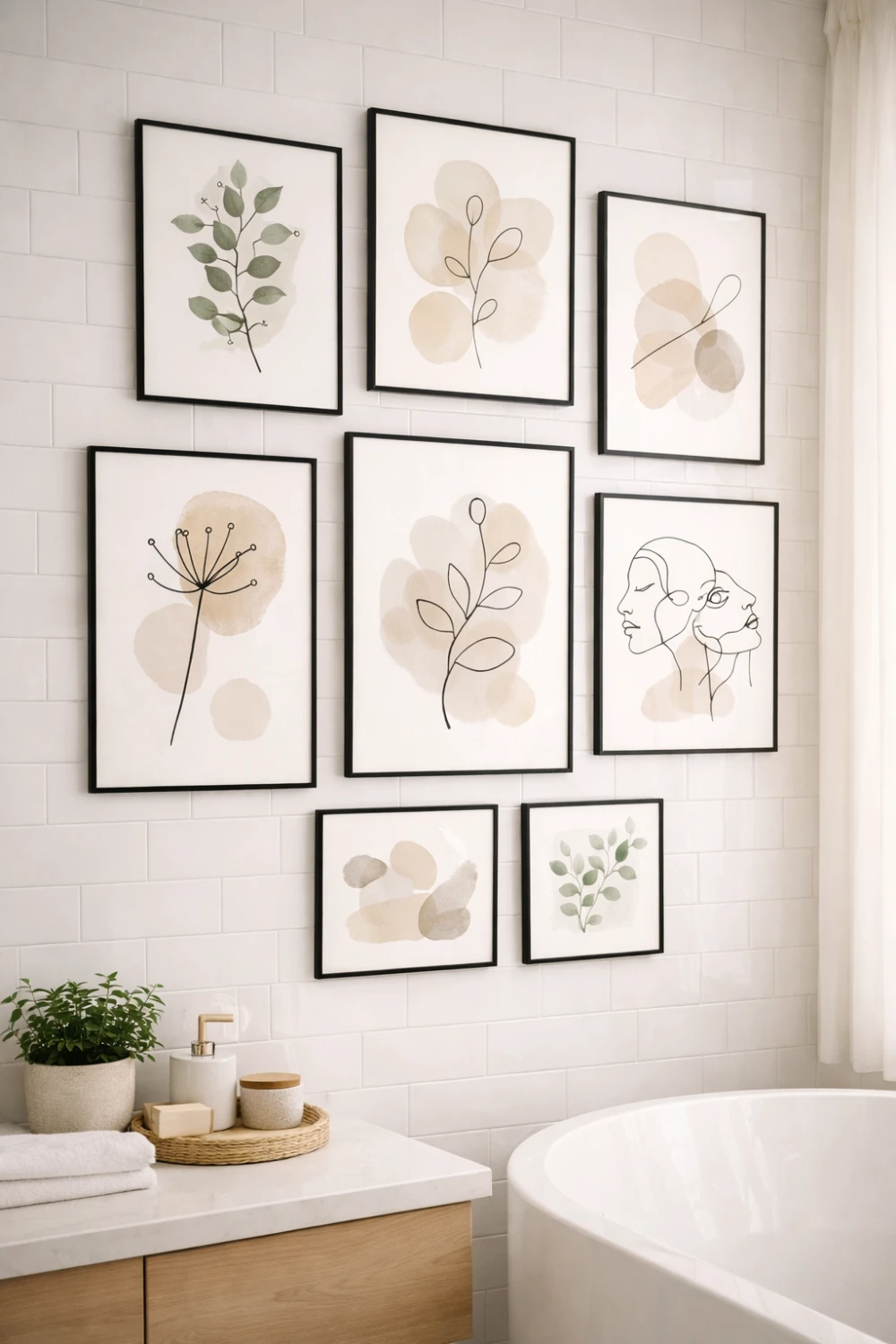 bathroom gallery wall decor with multiple framed botanical prints modern neutral bathroom interior design