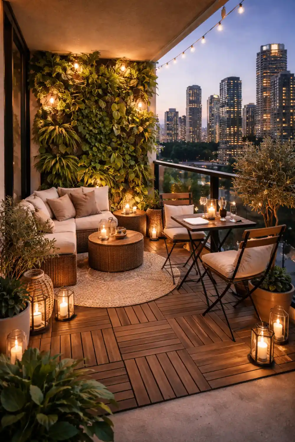 cozy apartment balcony outdoor living space with vertical garden wall, small seating area and warm lighting