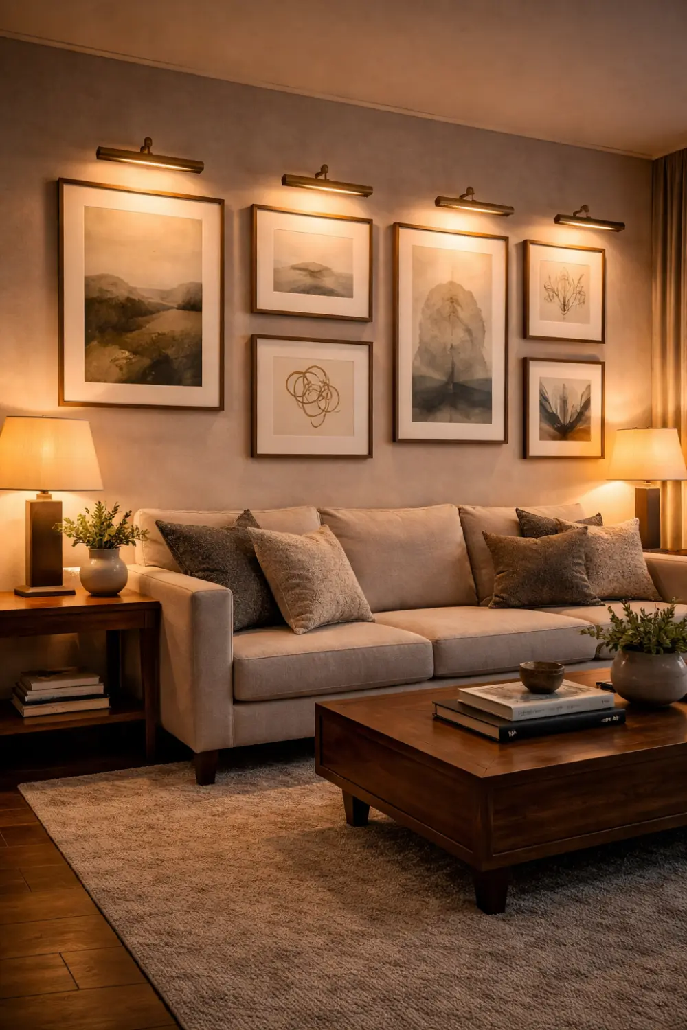 gallery wall lighting idea with picture lights illuminating framed artwork in living room