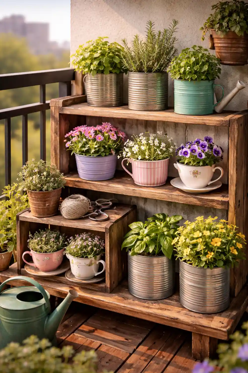 Creative repurposed container garden using tin cans tea cups and rustic planters arranged on a wooden shelf on a balcony.
