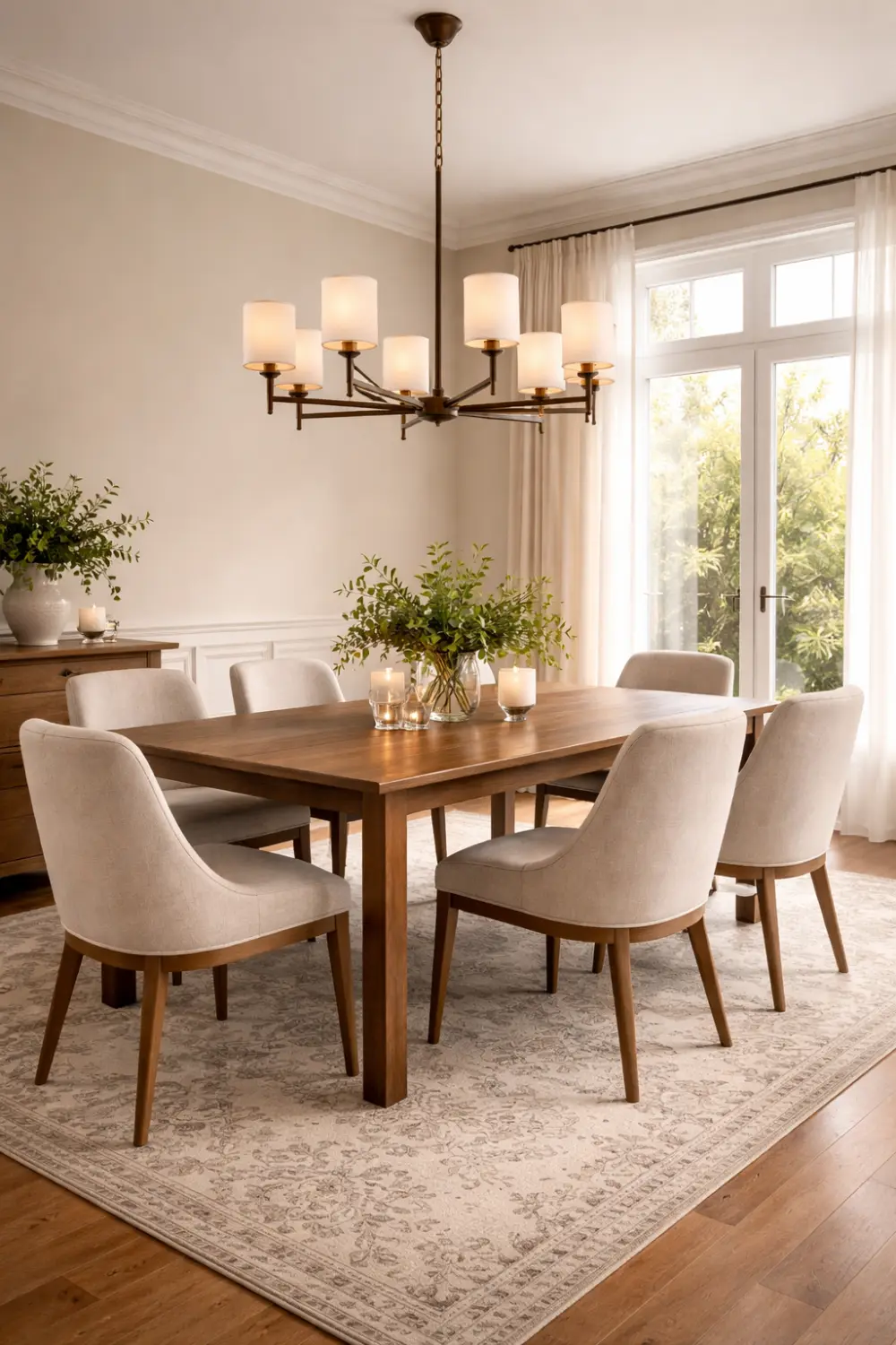 Bright dining room with wooden dining table and upholstered chairs placed over a large patterned area rug creating a warm and cozy dining space.