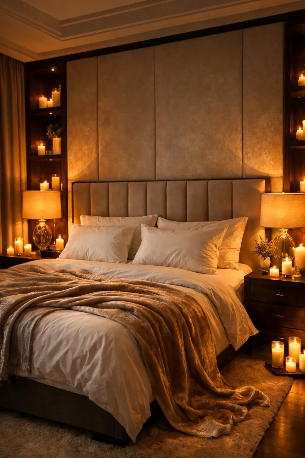 Warm candlelit romantic bedroom design for couples with cozy bedding and soft lighting