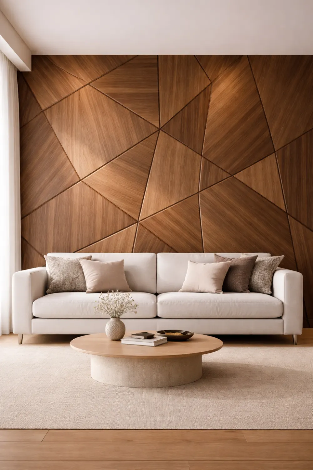 Modern living room with geometric wood panel accent wall behind a neutral sofa, warm wood tones and contemporary interior styling.