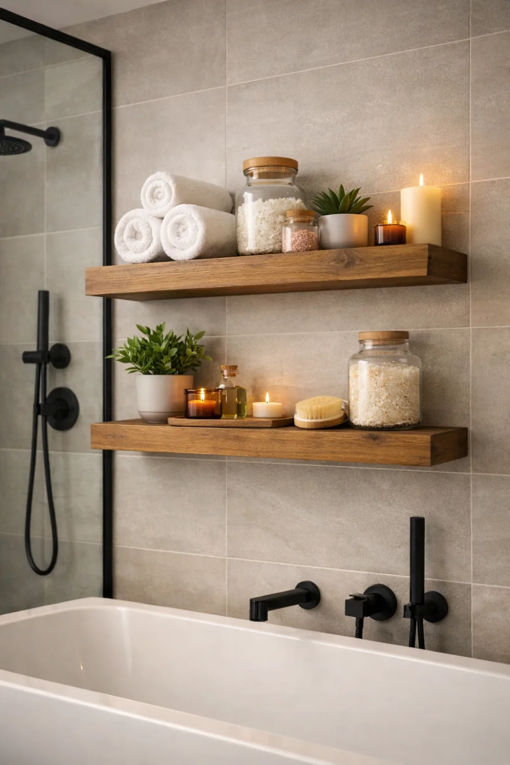 Wood floating shelves styled with towels candles and jars above bathtub in modern bathroom
