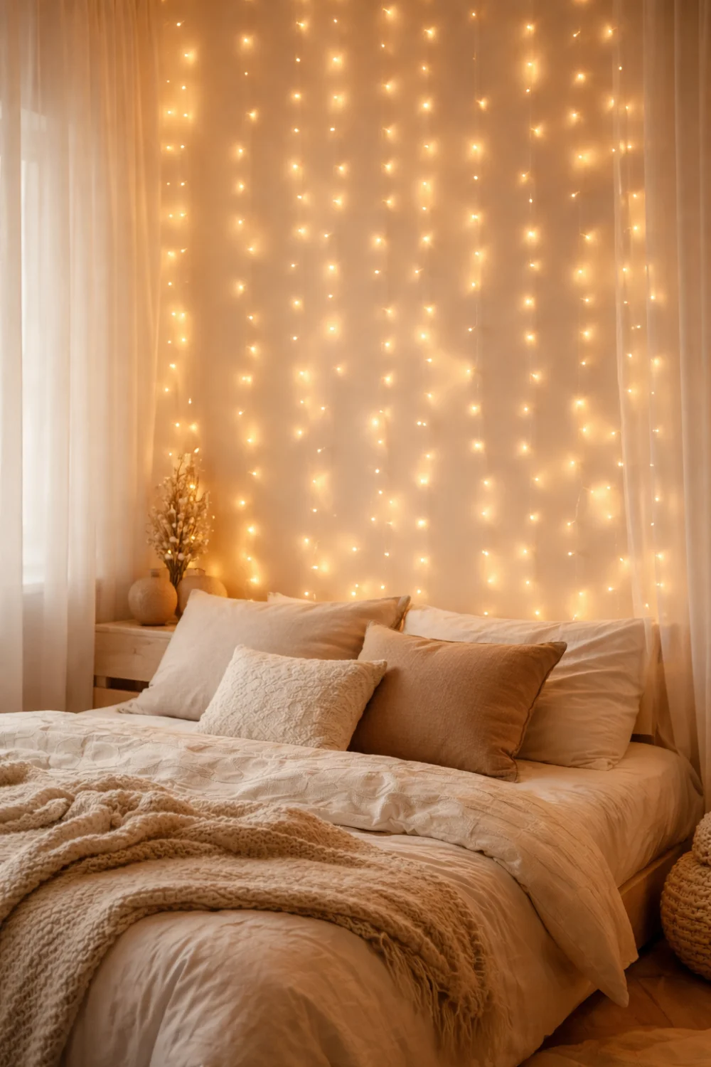 Warm fairy light curtain wall behind a bed with neutral pillows and soft bedding creating a dreamy cozy aesthetic room decor setup.