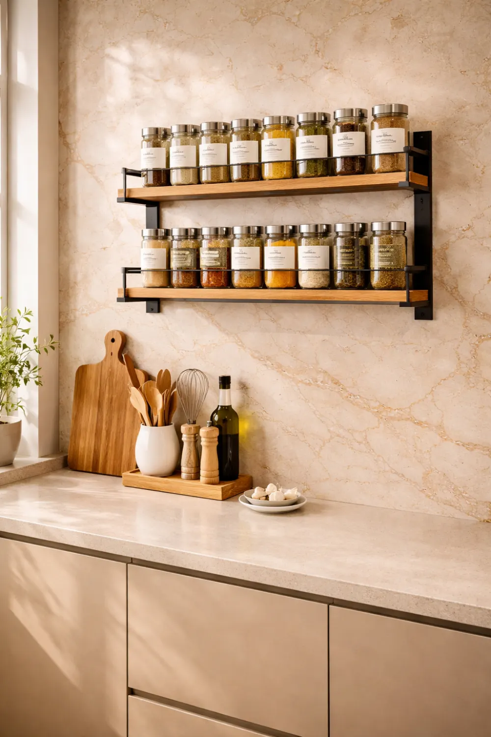 Modern wall mounted spice rack with glass jars neatly arranged on wooden shelves against a marble backsplash.