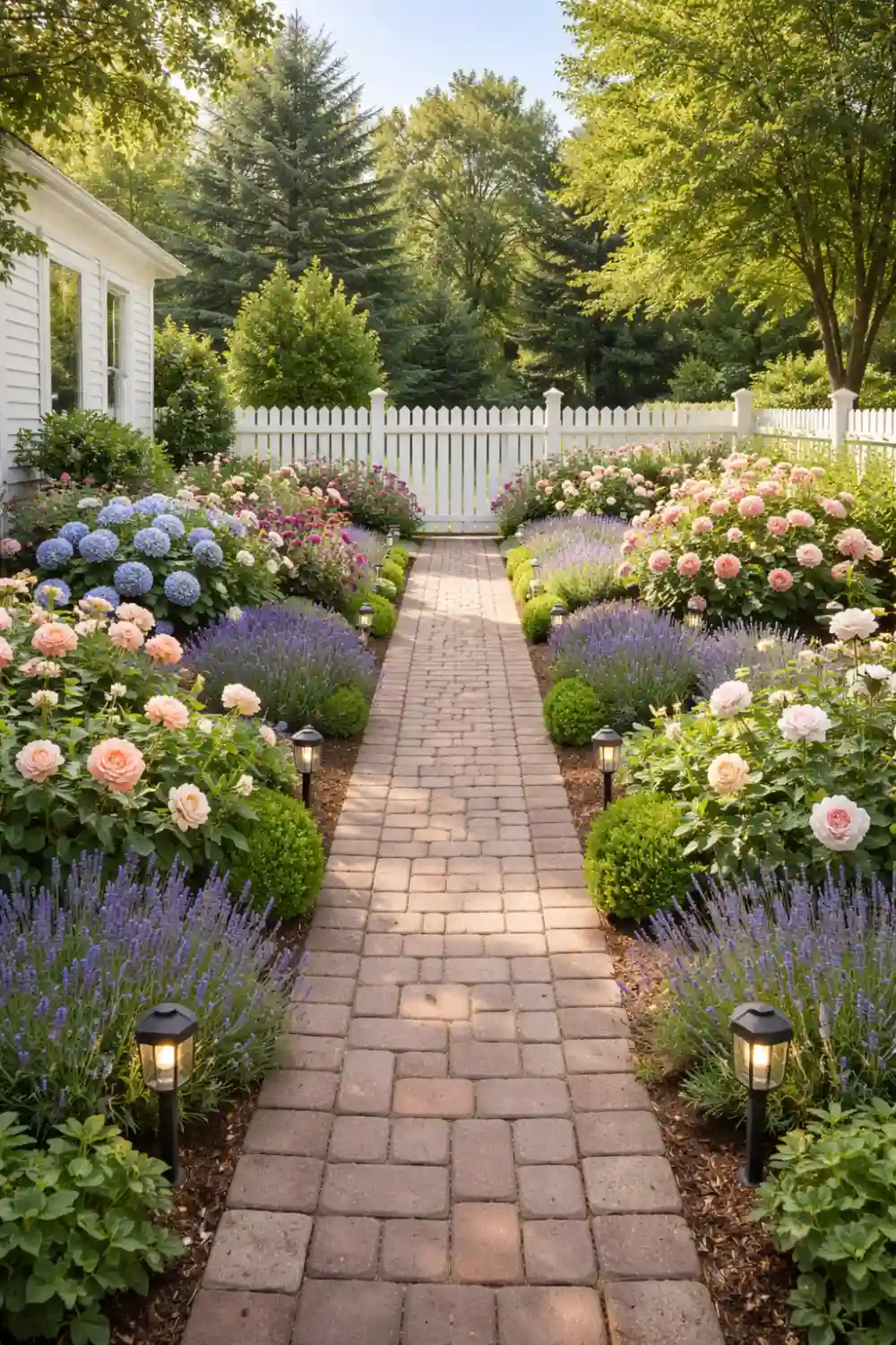white picket fence cottage garden with brick path roses hydrangeas lavender backyard design