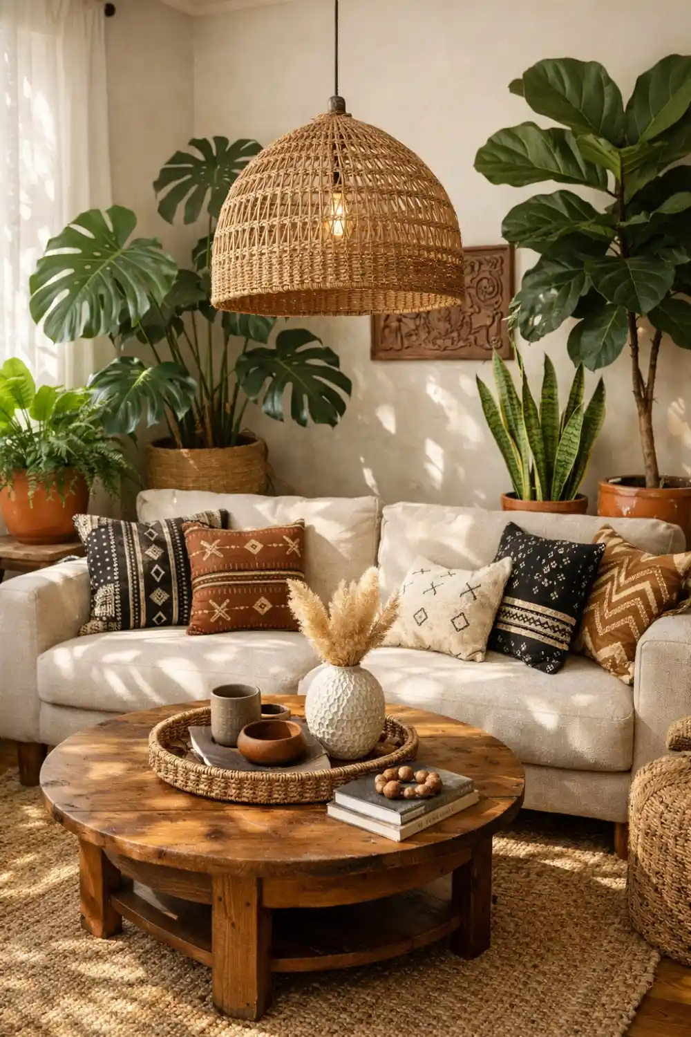Afrohemian living room with woven pendant light, monstera plants, wooden coffee table and boho pillows