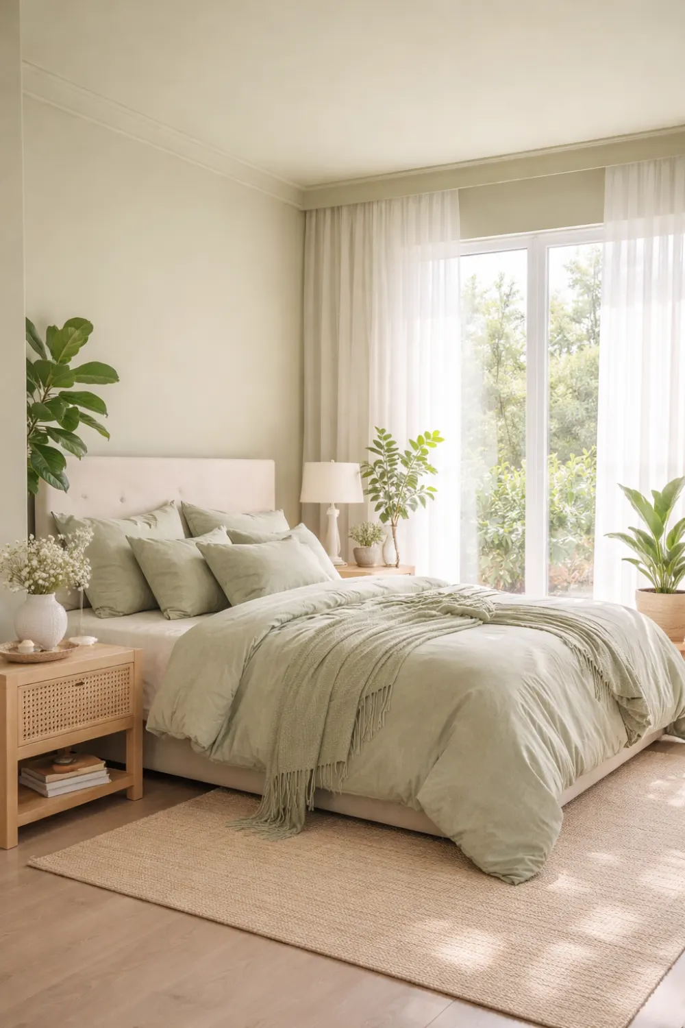 olive green color drenched bedroom with plants and wooden furniture natural vibe