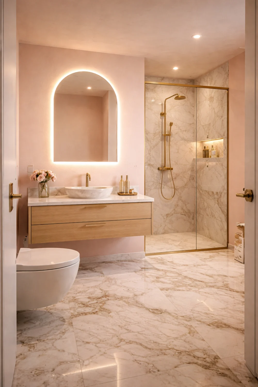 blush pink bathroom marble floor gold fixtures modern small bathroom design