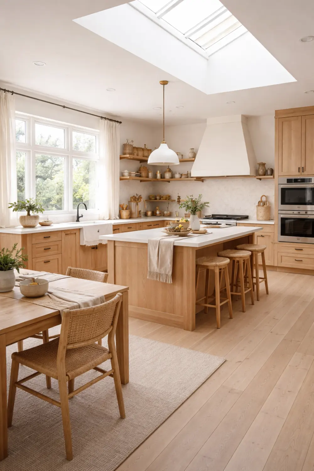 light wood farmhouse kitchen skylight bright airy modern cozy design