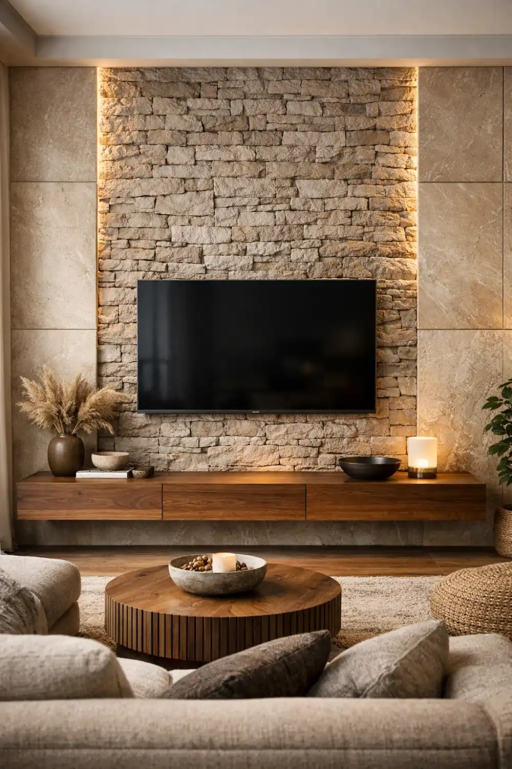 Natural stone accent TV wall with warm LED lighting and wooden floating console creating a textured modern living room
