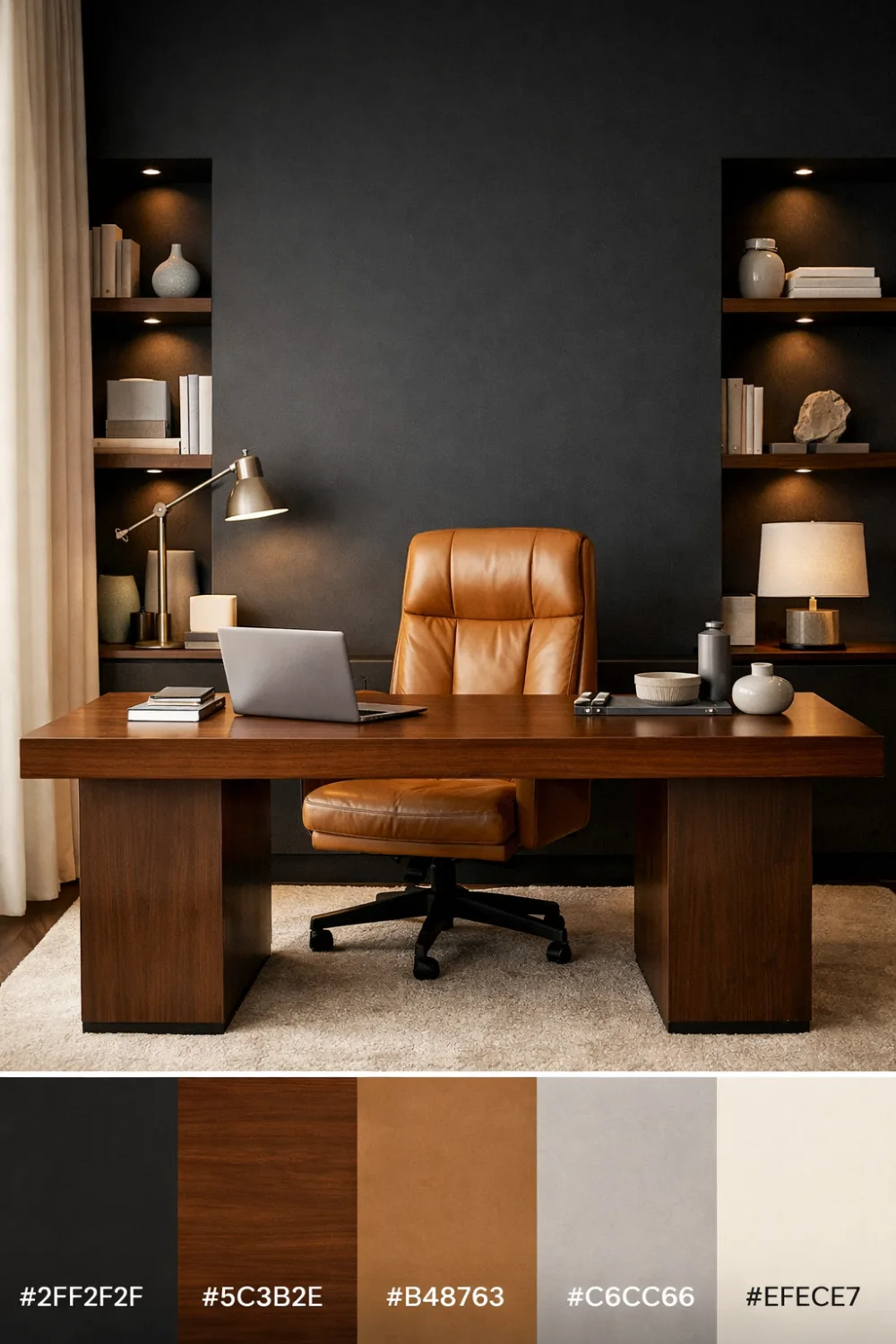 modern office color palette with charcoal wall walnut wood and leather tan luxury workspace design