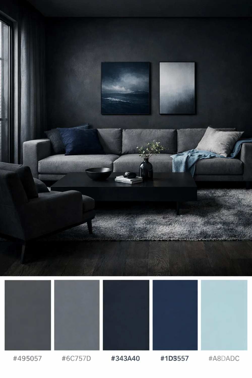 stormy sea ocean color palette dark gray navy living room moody coastal interior inspiration