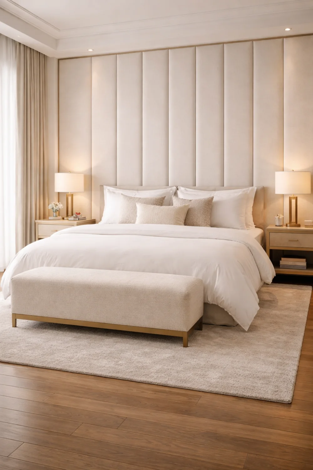 hotel style bedroom with tall upholstered headboard neutral bedding elegant luxury bedroom inspiration