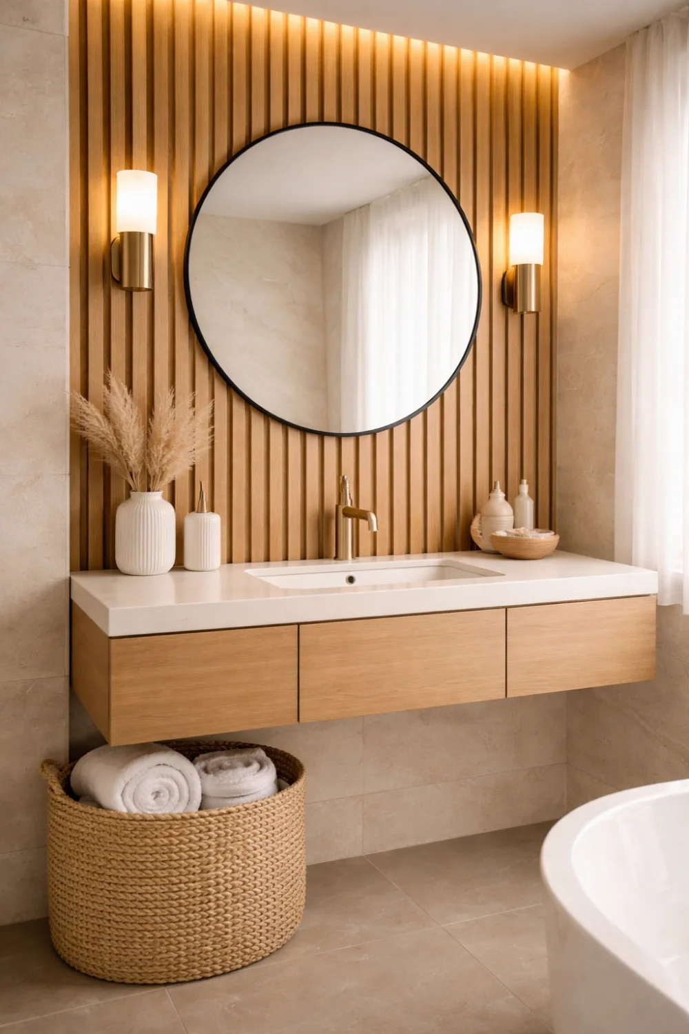wooden slat accent wall bathroom vanity decor with round mirror warm lighting modern spa bathroom design