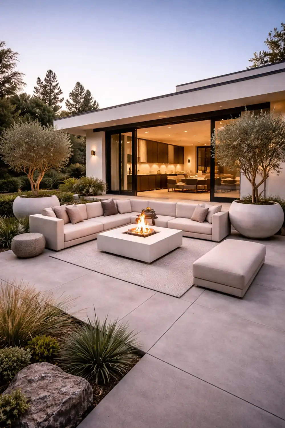 modern minimalist backyard patio with neutral outdoor sofa seating, fire table and clean landscaping design