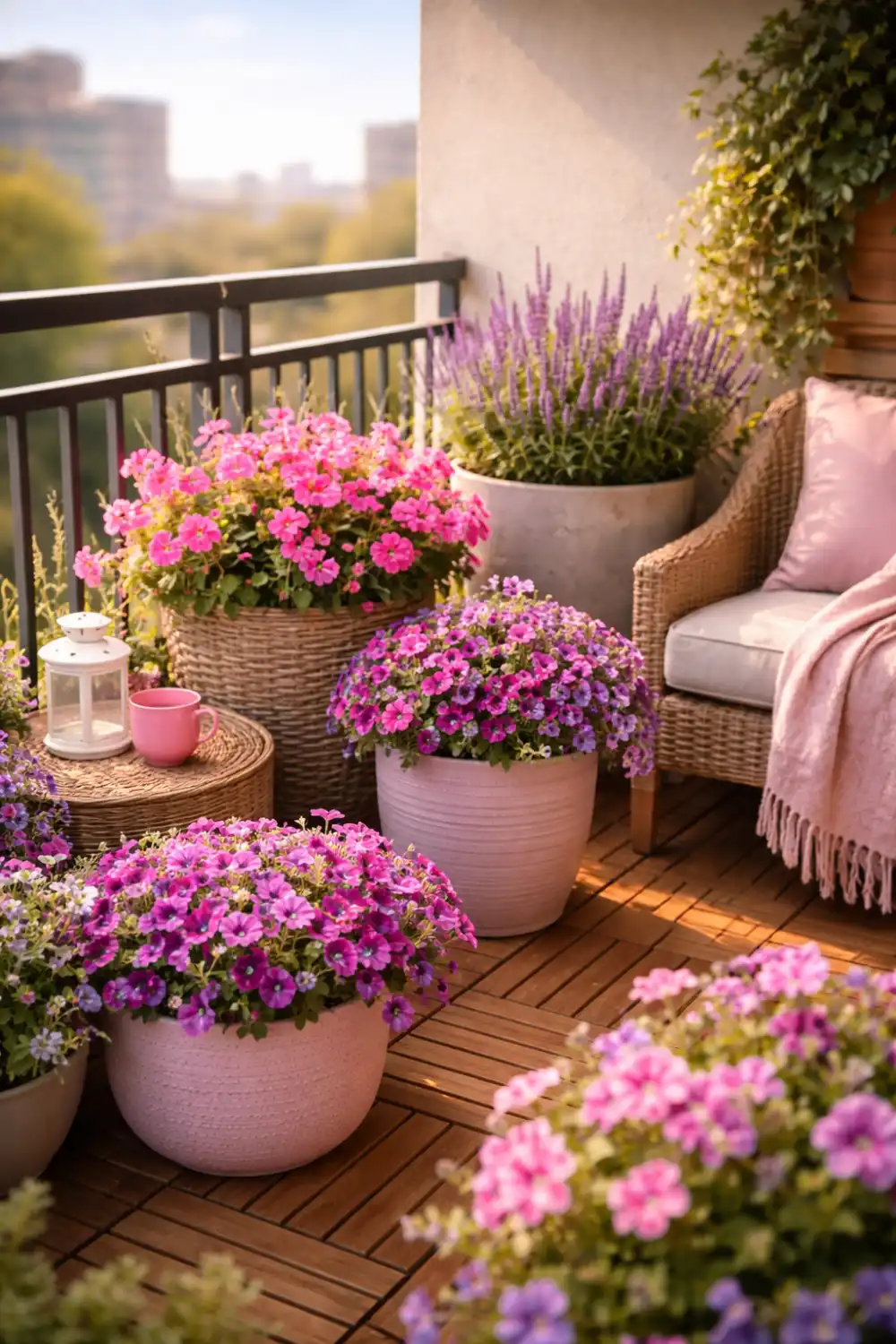 Color themed container garden with pink and purple flowers in decorative pots arranged on a stylish balcony patio space.