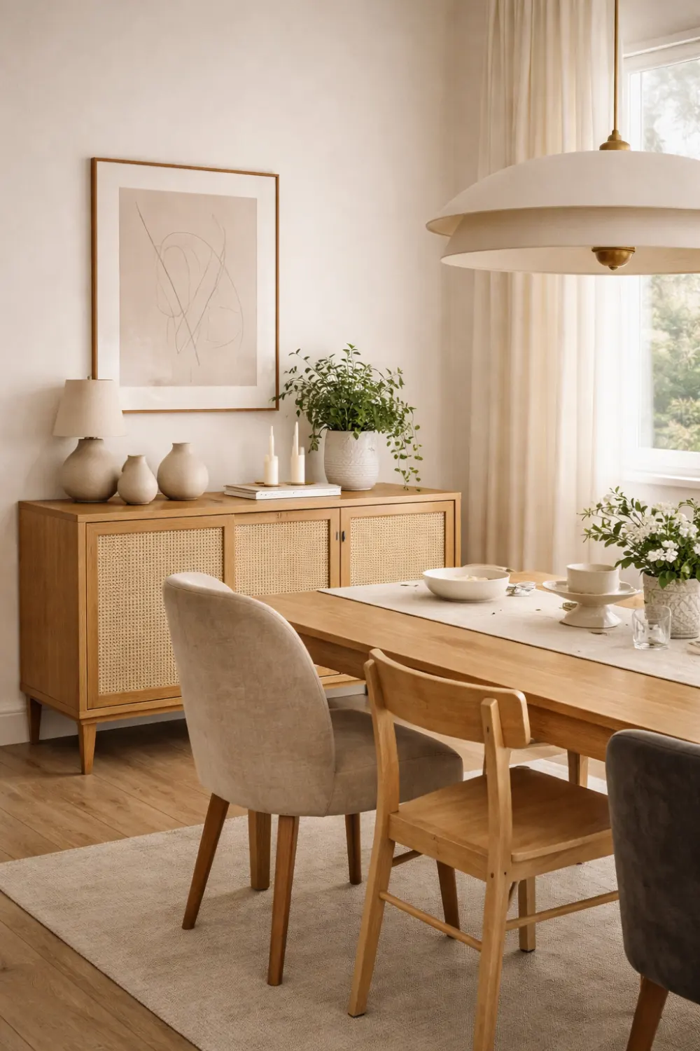 Modern dining room with wooden sideboard cabinet styled with vases, artwork, candles, and greenery creating a stylish and organized dining space.