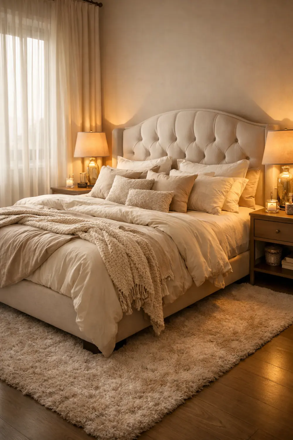 Soft neutral romantic bedroom idea for couples with cozy bedding and warm lamps