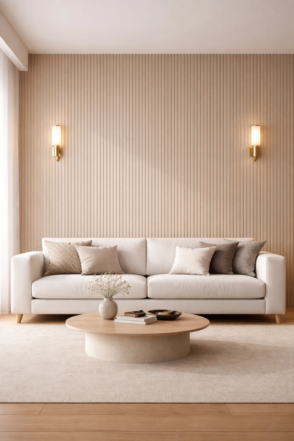 Modern living room with vertical slat accent wall behind a neutral sofa, warm beige tones and minimalist contemporary decor.