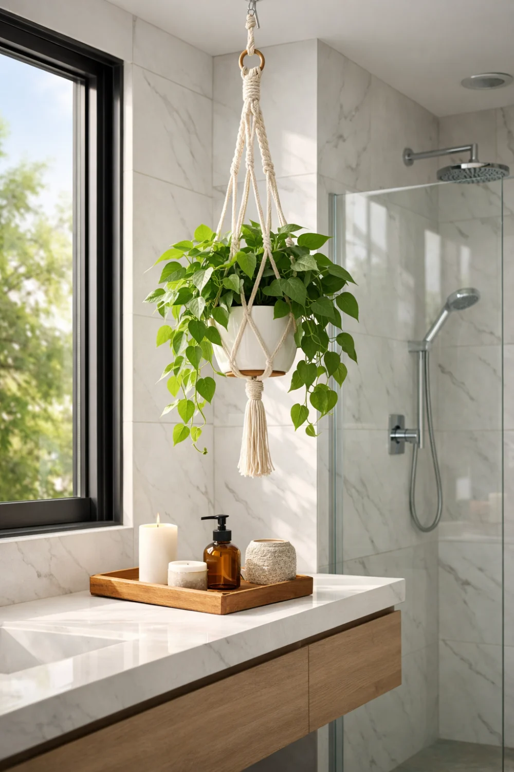 Macrame hanging plant above modern bathroom vanity with natural decor styling