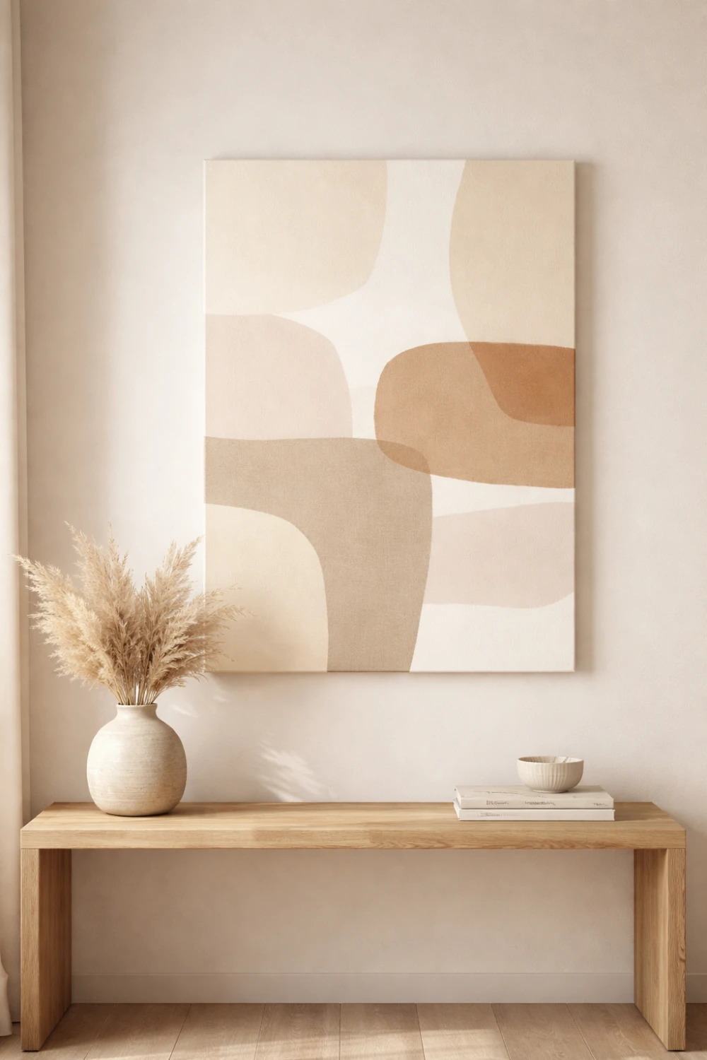 Large neutral abstract canvas wall art above a wooden console table with pampas grass creating a modern minimalist room decor setup.