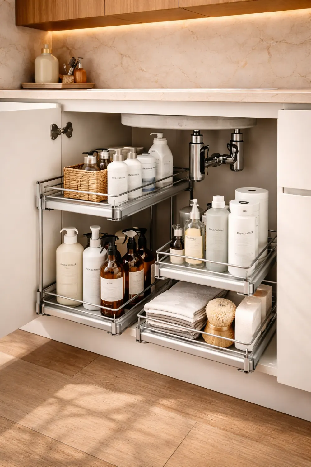 Under sink kitchen cabinet organizer with pull out shelves holding cleaning supplies and storage baskets.